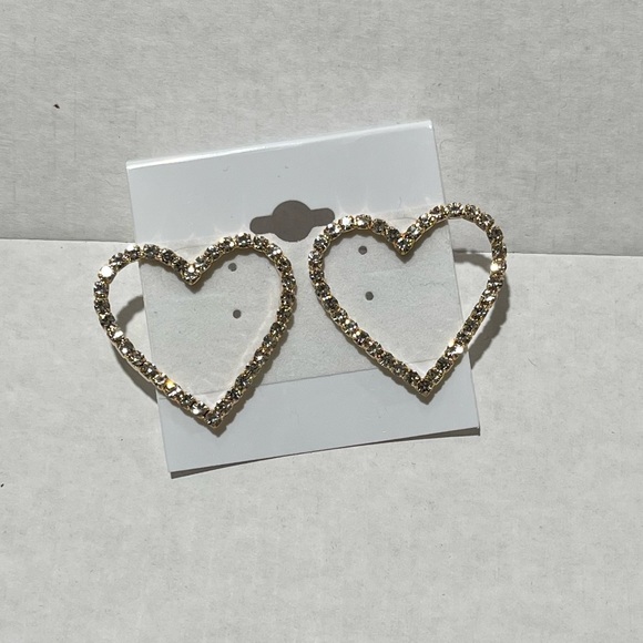Gold Heart Rhinestone Stud Earrings - Picture 3 of 5